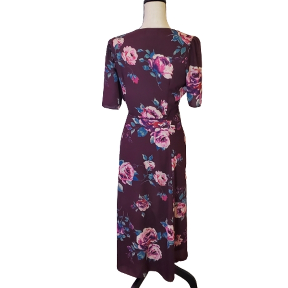 Everly Dark Purple/Pink Multi-Color Floral Wrap Midi Dress, Size Medium - Picture 8 of 16
